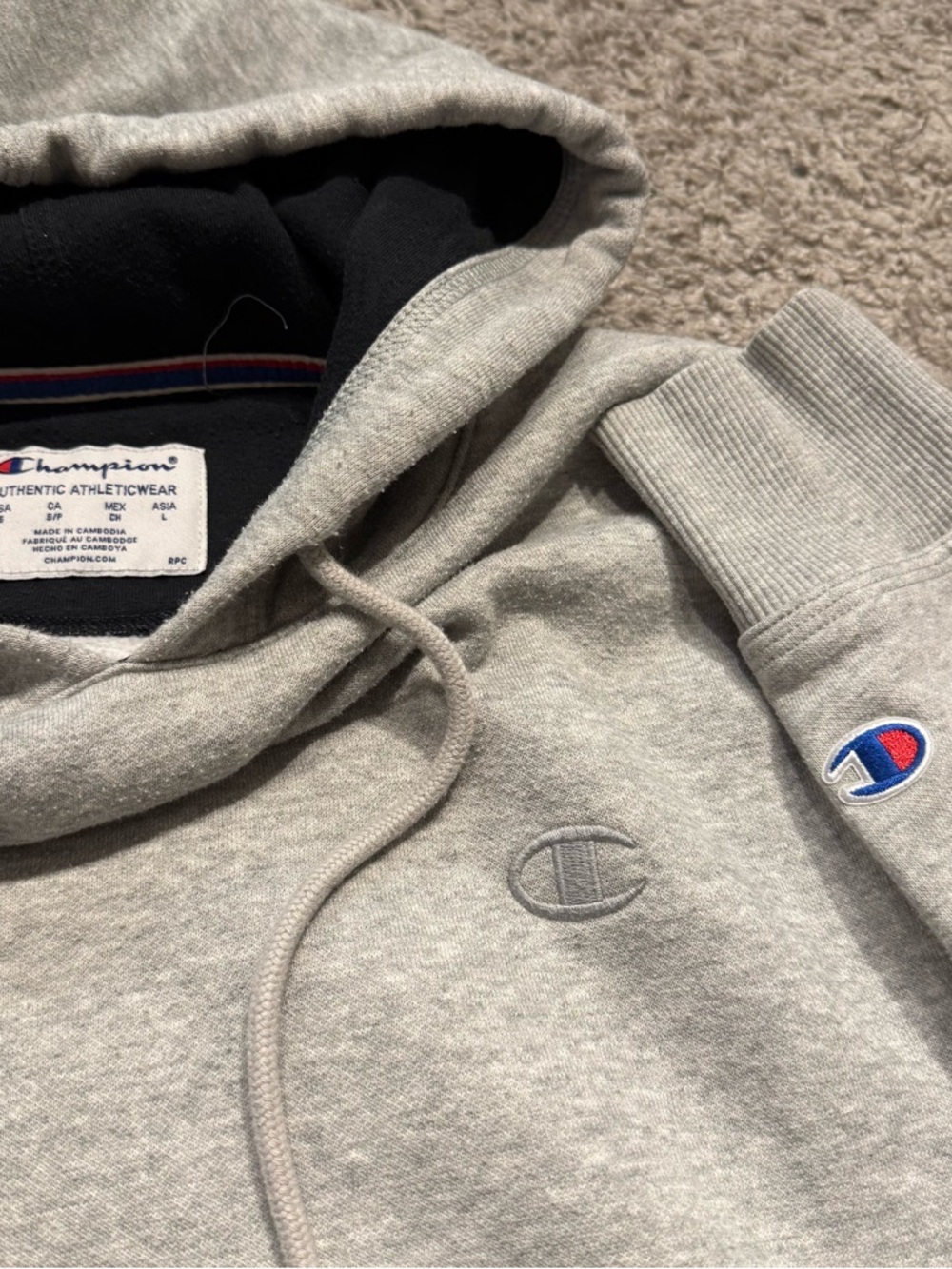 Champion Light Gray Hoodie with Blue & Red Logo Accents